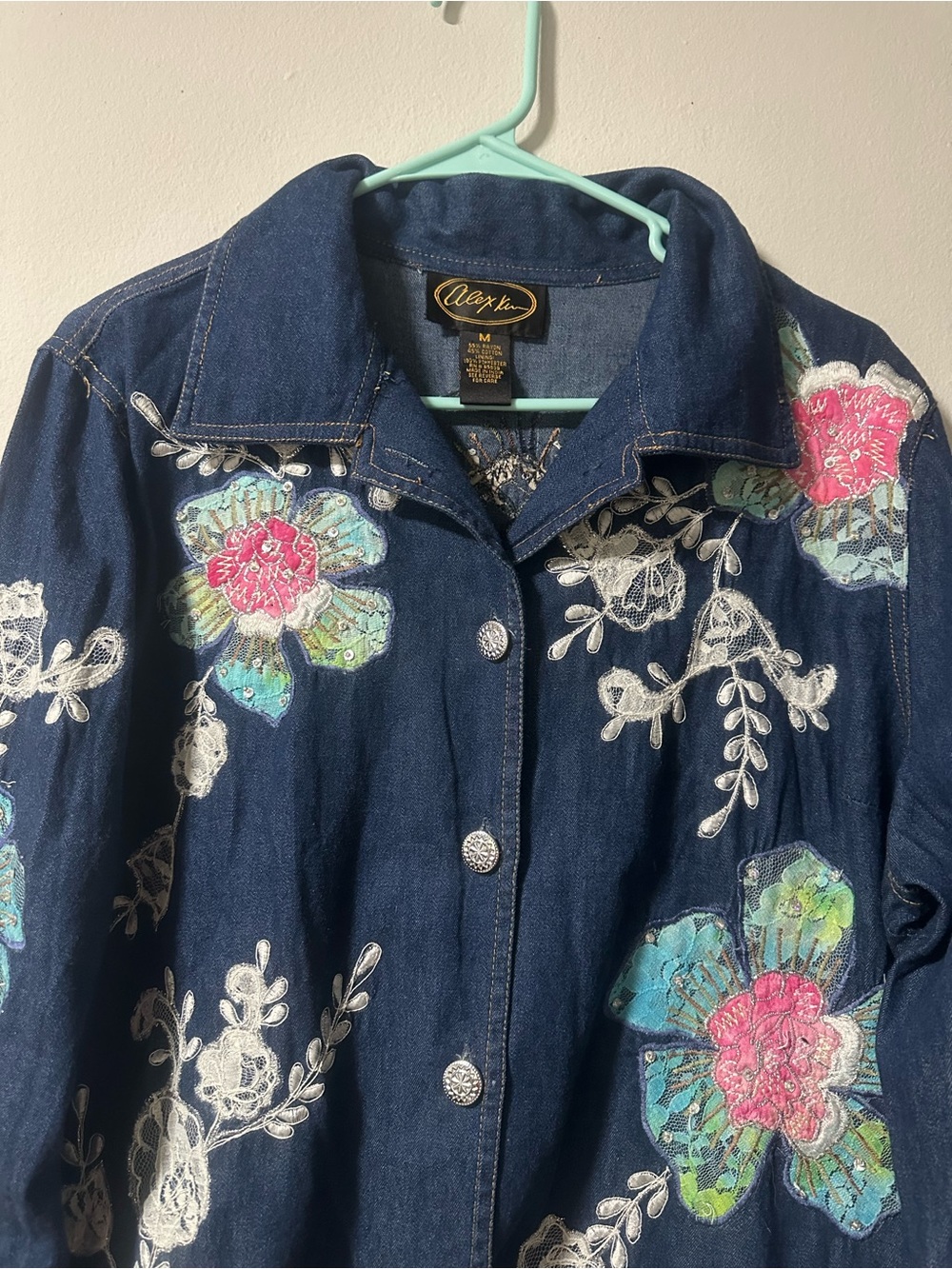 Alex Even Dark Blue Embroidered Floral Denim Jacket - Medium
